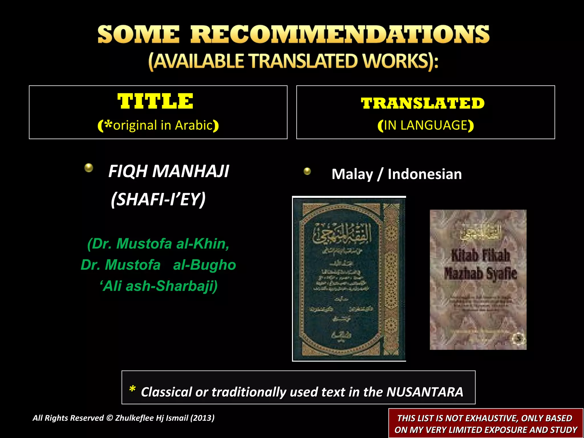 TITLE                                    TRANSLATED
                 (*original in Arabic)                           (IN LANGUAGE)


                    FIQH MANHAJI                          Malay / Indonesian
                    (SHAFI-I’EY)

             (Dr. Mustofa al-Khin,
            Dr. Mustofa al-Bugho
               ‘Ali ash-Sharbaji)




                         * Classical or traditionally used text in the NUSANTARA
All Rights Reserved © Zhulkeflee Hj Ismail (2013)
                                                )                   THIS LIST IS NOT EXHAUSTIVE, ONLY BASED
                                                                    ON MY VERY LIMITED EXPOSURE AND STUDY
 