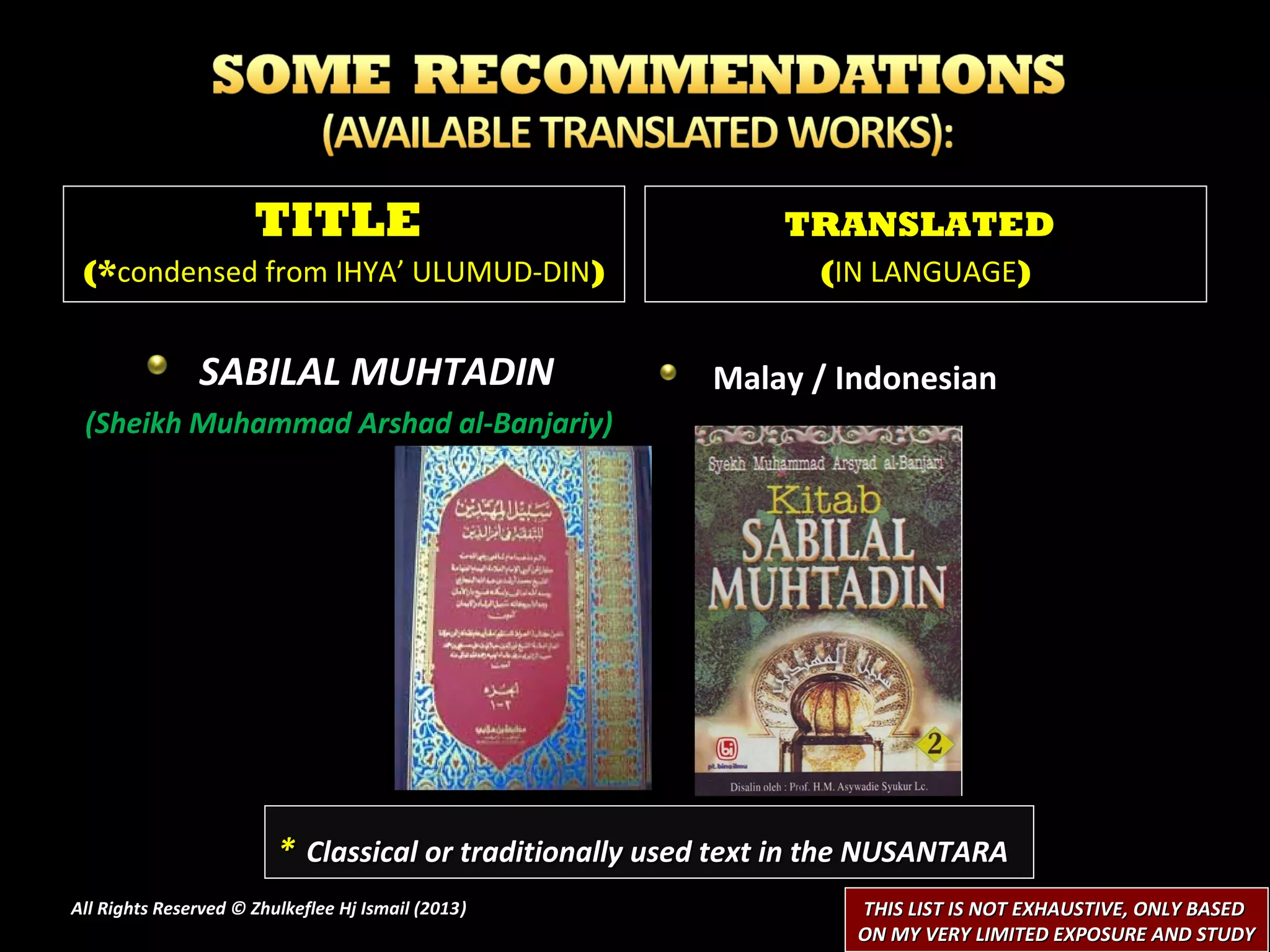 TITLE                                    TRANSLATED
 (*condensed from IHYA’ ULUMUD-DIN)                              (IN LANGUAGE)


               SABILAL MUHTADIN                          Malay / Indonesian
 (Sheikh Muhammad Arshad al-Banjariy)




                         * Classical or traditionally used text in the NUSANTARA
All Rights Reserved © Zhulkeflee Hj Ismail (2013)
                                                )                   THIS LIST IS NOT EXHAUSTIVE, ONLY BASED
                                                                    ON MY VERY LIMITED EXPOSURE AND STUDY
 