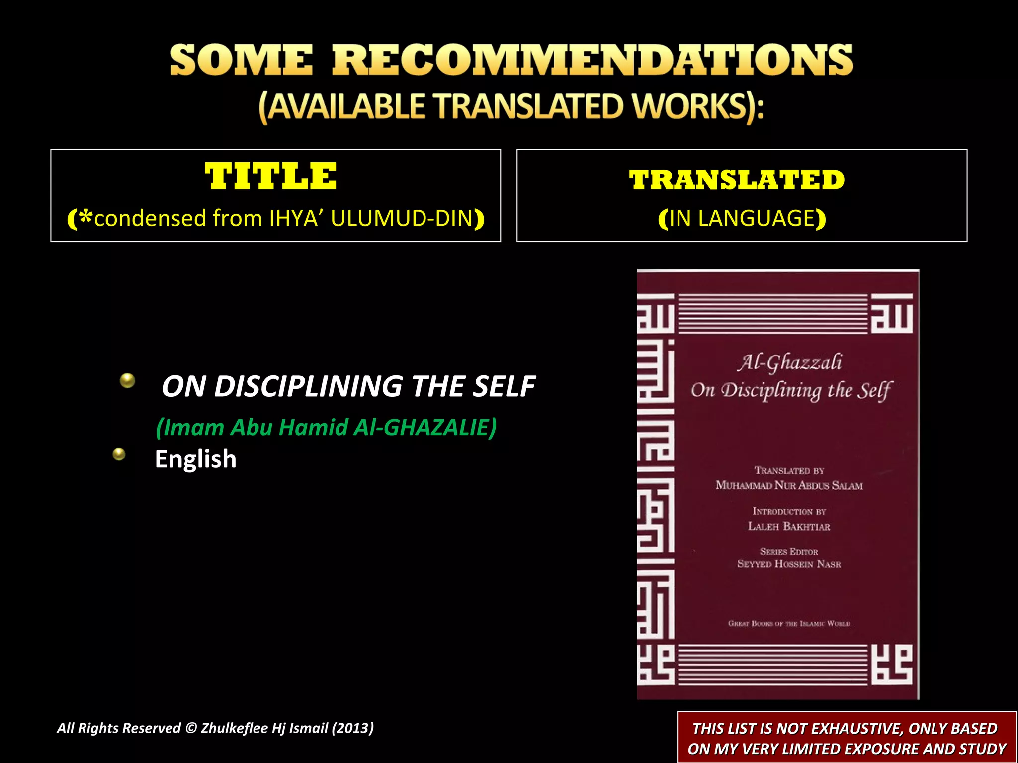 TITLE                         TRANSLATED
 (*condensed from IHYA’ ULUMUD-DIN)                  (IN LANGUAGE)




                ON DISCIPLINING THE SELF
               (Imam Abu Hamid Al-GHAZALIE)
               English




All Rights Reserved © Zhulkeflee Hj Ismail (2013)
                                                )      THIS LIST IS NOT EXHAUSTIVE, ONLY BASED
                                                       ON MY VERY LIMITED EXPOSURE AND STUDY
 