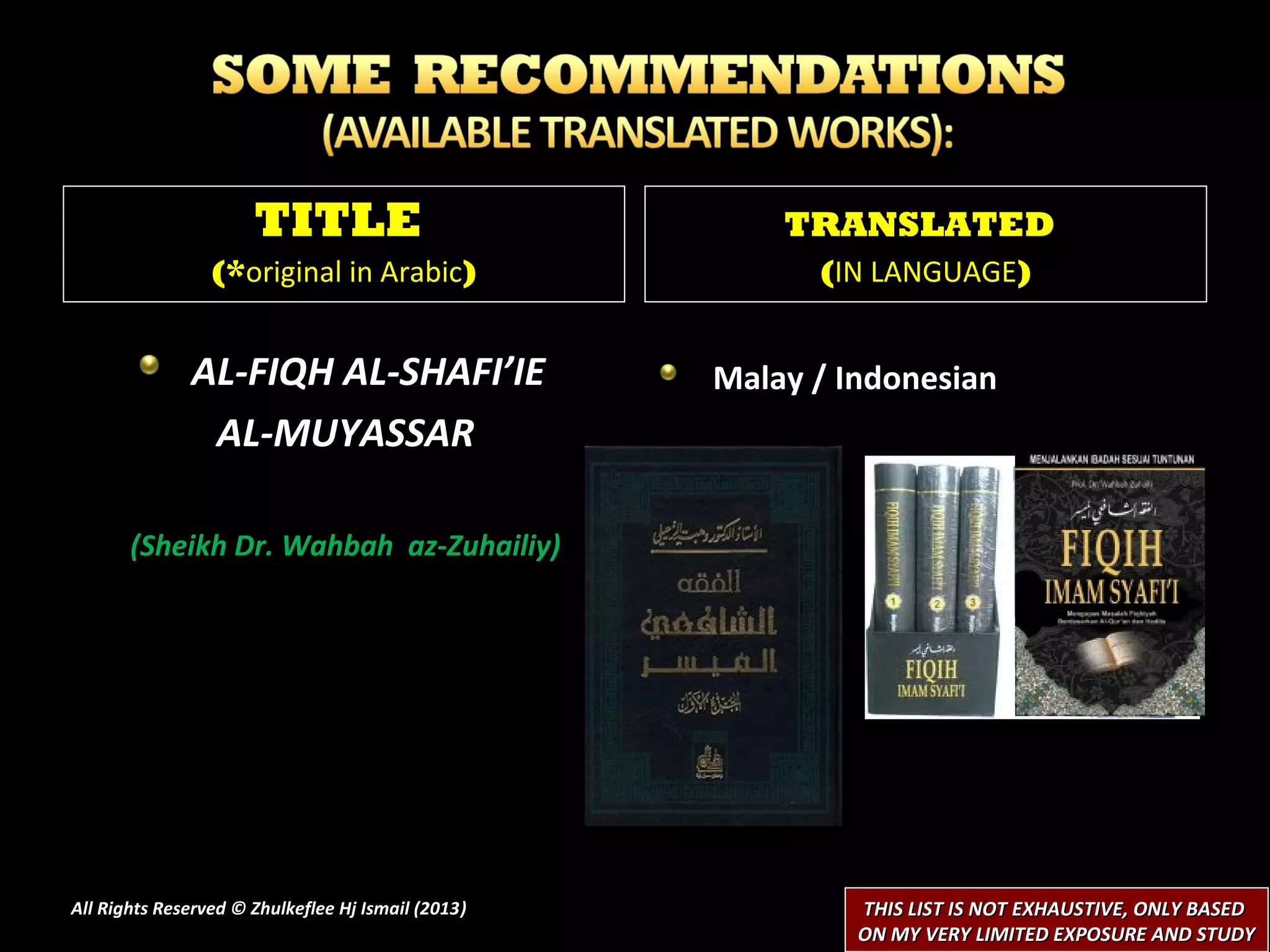 TITLE                             TRANSLATED
                 (*original in Arabic)                    (IN LANGUAGE)


              AL-FIQH AL-SHAFI’IE                   Malay / Indonesian
               AL-MUYASSAR

       (Sheikh Dr. Wahbah az-Zuhailiy)




All Rights Reserved © Zhulkeflee Hj Ismail (2013)
                                                )            THIS LIST IS NOT EXHAUSTIVE, ONLY BASED
                                                             ON MY VERY LIMITED EXPOSURE AND STUDY
 