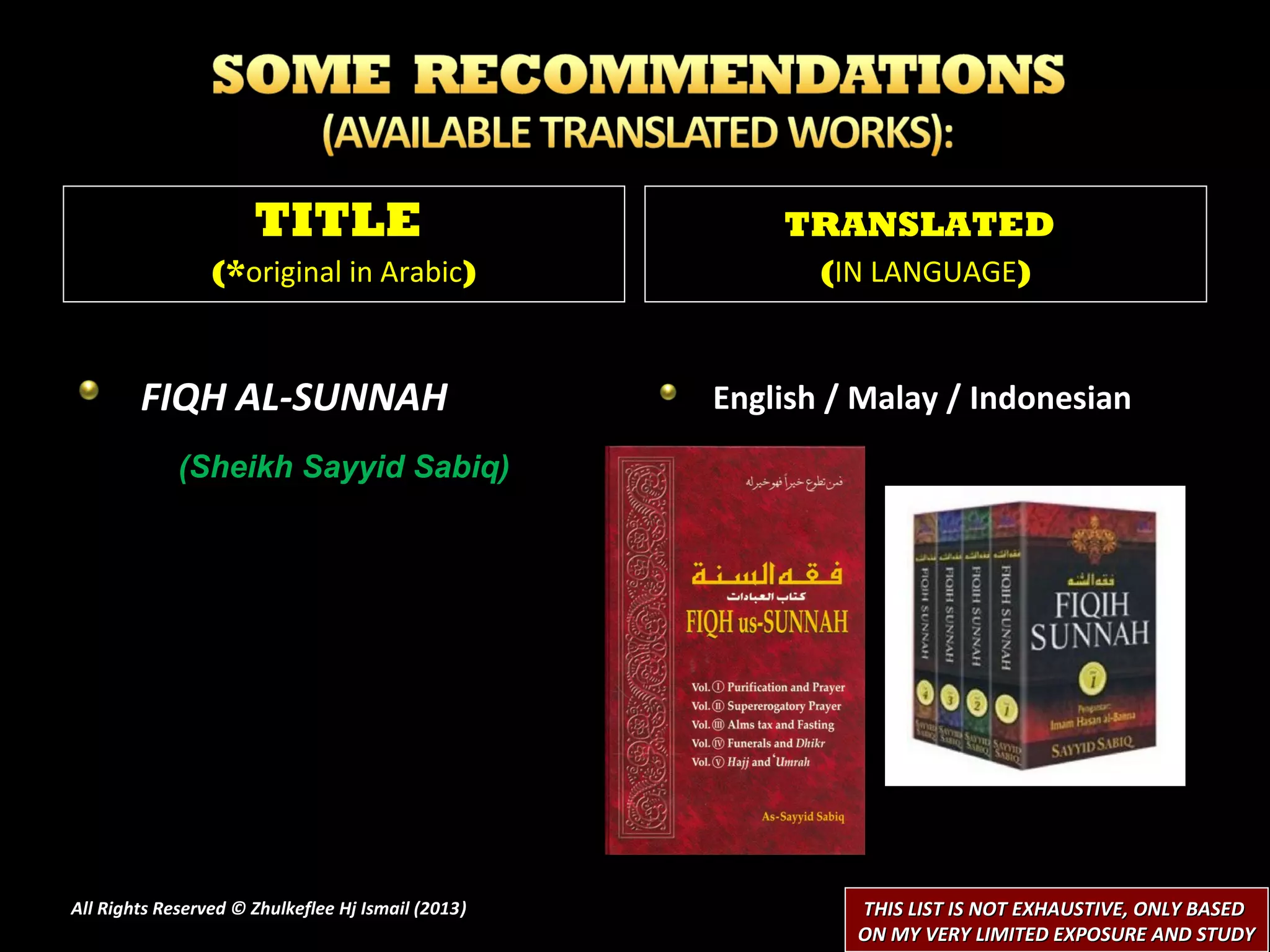 TITLE                             TRANSLATED
                 (*original in Arabic)                     (IN LANGUAGE)



        FIQH AL-SUNNAH                              English / Malay / Indonesian
             (Sheikh Sayyid Sabiq)




All Rights Reserved © Zhulkeflee Hj Ismail (2013)
                                                )            THIS LIST IS NOT EXHAUSTIVE, ONLY BASED
                                                             ON MY VERY LIMITED EXPOSURE AND STUDY
 