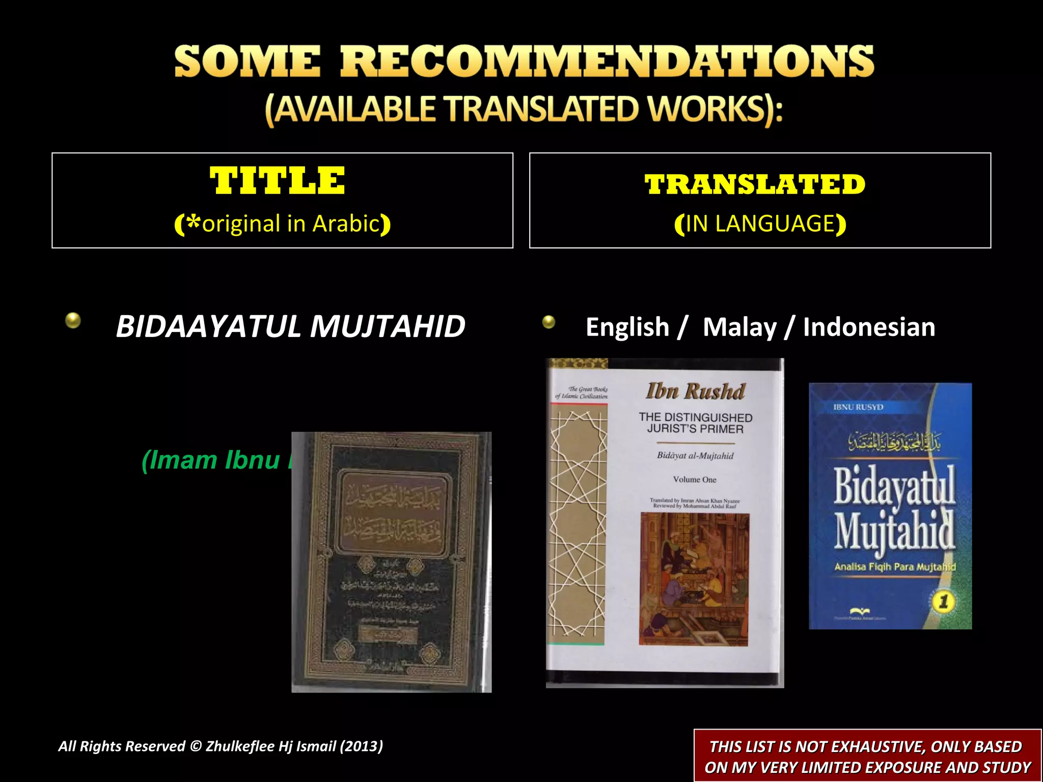 TITLE                             TRANSLATED
                 (*original in Arabic)                     (IN LANGUAGE)



        BIDAAYATUL MUJTAHID                         English / Malay / Indonesian



            (Imam Ibnu Rusd al-Qurtubi)




All Rights Reserved © Zhulkeflee Hj Ismail (2013)
                                                )            THIS LIST IS NOT EXHAUSTIVE, ONLY BASED
                                                             ON MY VERY LIMITED EXPOSURE AND STUDY
 
