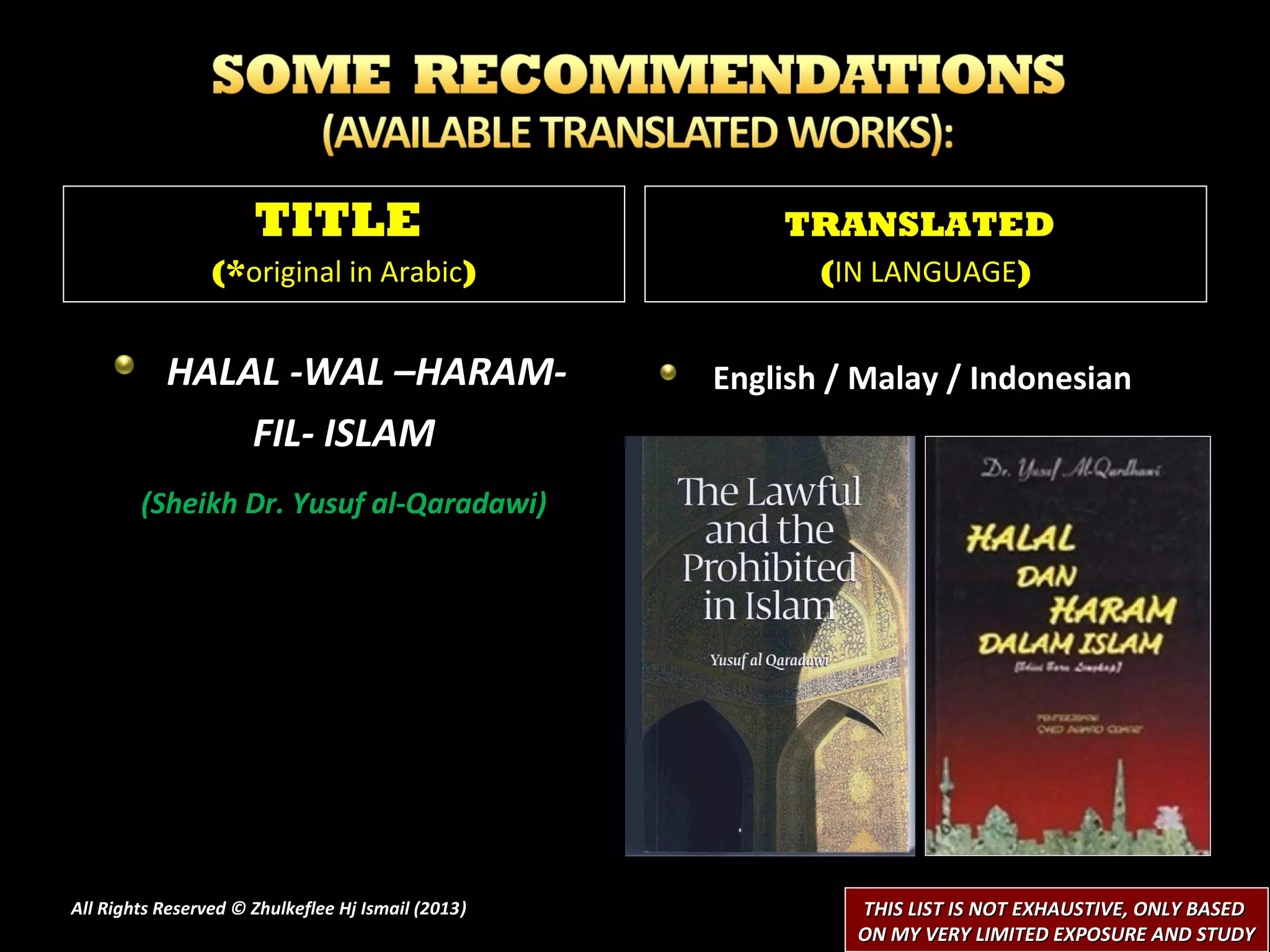 TITLE                             TRANSLATED
                 (*original in Arabic)                     (IN LANGUAGE)


           HALAL -WAL –HARAM-                       English / Malay / Indonesian
               FIL- ISLAM
        (Sheikh Dr. Yusuf al-Qaradawi)




All Rights Reserved © Zhulkeflee Hj Ismail (2013)
                                                )            THIS LIST IS NOT EXHAUSTIVE, ONLY BASED
                                                             ON MY VERY LIMITED EXPOSURE AND STUDY
 