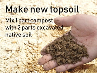 Make new topsoil
Mix 1 part compost
with 2 parts excavated
native soil
 