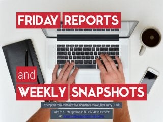 FRIDAY REPORTS
and
WEEKLY SNAPSHOTS
Excerpts from Mistakes Millionaires Make, by Harry Clark
Take the Entrepreneurial Risk Assessment
at: www.pathwaypartnersllc.com
 
