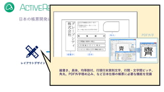 日本の帳票開発に必要なすべての機能を搭載したコンポーネント
ファイル保存
ExcelPDF Word
帳票の生成レイアウトデザイン
プレビュー
印刷
縦書き、長体、均等割付、行頭行末禁則文字、行間・文字間ピッチ、
角丸、PDF外字埋め込み、など日本仕様の帳票に必要な機能を完備
PDF外字
 