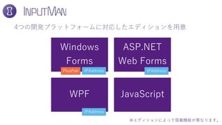 4つの開発プラットフォームに対応したエディションを用意
Windows
Forms
ASP.NET
Web Forms
WPF JavaScript
PlusPak JPAddress JPAddress
JPAddress
※エディションによって搭載機能が異なります。
 