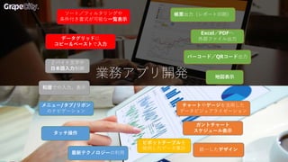 業務アプリ開発
ソート／フィルタリングや
条件付き書式が可能な一覧表示
データグリッドに
コピー＆ペーストで入力
チャートやゲージを活用した
データビジュアライゼーション
帳票出力（レポート印刷）
Excel／PDFへ
外部ファイル出力
バーコード／QRコード出力
ガントチャート
スケジュール表示
和暦での入力、表示
２バイト文字や
日本語入力制御
メニュー/タブ/リボン
のナビゲーション
統一したデザイン
ピボットテーブルを
使用したデータ集計
タッチ操作
最新テクノロジーの利用
地図表示
 