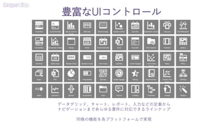 豊富なUIコントロール
データグリッド、チャート、レポート、入力などの定番から
ナビゲーションまであらゆる要件に対応できるラインナップ
同様の機能を各プラットフォームで実現
 