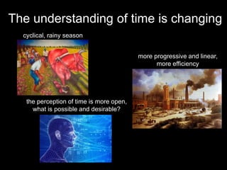 The understanding of time is changing
the perception of time is more open,
what is possible and desirable?
cyclical, rainy season
more progressive and linear,
more efficiency
 