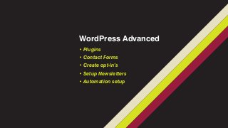 WordPress Advanced
• Plugins
• Contact Forms
• Create opt-in’s
• Setup Newsletters
• Automation setup
 