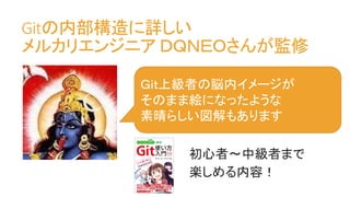 Gitの内部構造に詳しい
メルカリエンジニア ＤＱＮＥＯさんが監修
Ｇｉｔ上級者の脳内イメージが
そのまま絵になったような
素晴らしい図解もあります
初心者～中級者まで
楽しめる内容！
 