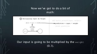 Now we’ve got to do a bit of
math:
Our input is going to be multiplied by the weight
(0.1).
 