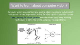 Want to learn about computer vision?
Computer vision is central to many leading-edge innovations, including self-
driving cars, drones, augmented reality, facial recognition, and much more.
Deep Learning for Vision Systems teaches you to apply deep learning
techniques to solve real-world computer vision problems.