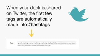 When your deck is shared
on Twitter, the ﬁrst few
tags are automatically
made into #hashtags
 