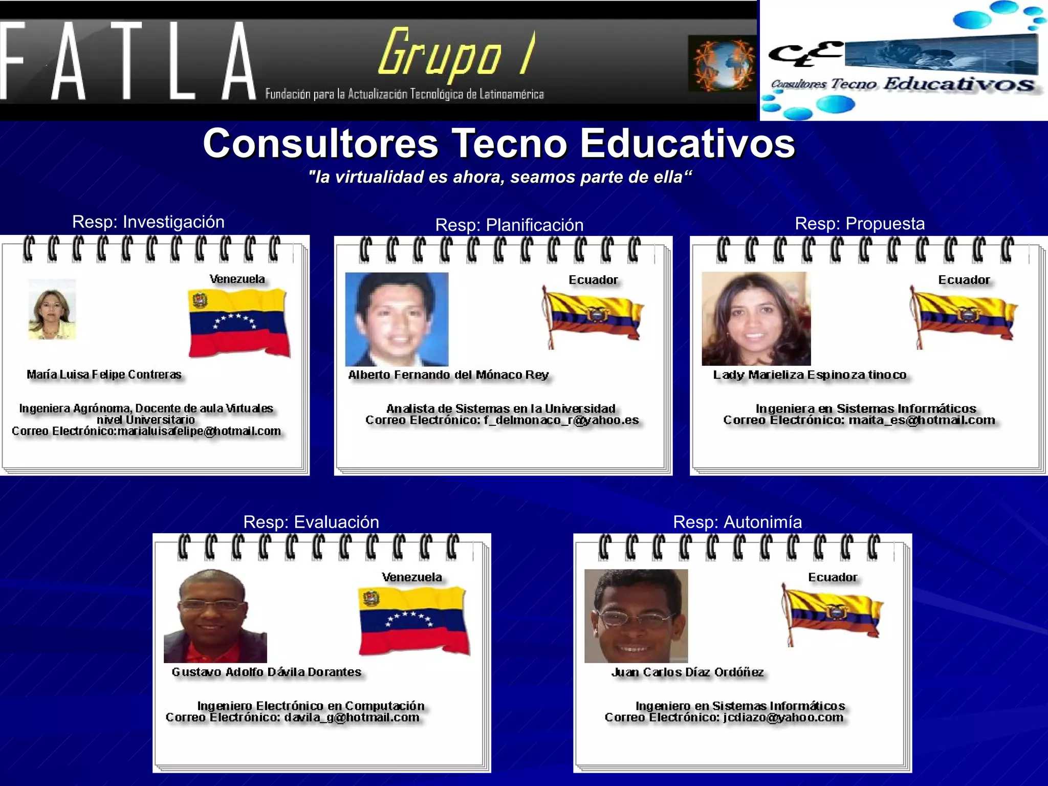 Consultores Tecno Educativos &quot;la virtualidad es ahora, seamos parte de ella“ Resp: Investigación Resp: Planificación Resp: Propuesta Resp: Evaluación Resp: Autonimía 