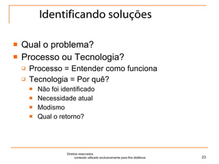 Identificando soluções Qual o problema? Processo ou Tecnologia? Processo = Entender como funciona Tecnologia = Por quê? Não foi identificado  Necessidade atual Modismo Qual o retorno? Direitos reservados  conteúdo utilizado exclusivamente para fins didáticos 