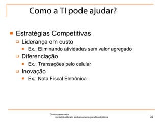 Como a TI pode ajudar? Estratégias Competitivas Liderança em custo Ex.: Eliminando atividades sem valor agregado Diferenciação Ex.: Transações pelo celular Inovação Ex.: Nota Fiscal Eletrônica Direitos reservados  conteúdo utilizado exclusivamente para fins didáticos 