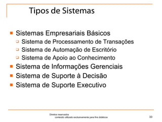 Tipos de Sistemas Sistemas Empresariais Básicos Sistema de Processamento de Transações Sistema de Automação de Escritório Sistema de Apoio ao Conhecimento Sistema de Informações Gerenciais Sistema de Suporte à Decisão Sistema de Suporte Executivo Direitos reservados  conteúdo utilizado exclusivamente para fins didáticos 