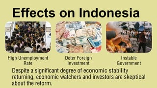 High Unemployment
Rate
Deter Foreign
Investment
Instable
Government
Effects on Indonesia
Despite a significant degree of economic stability
returning, economic watchers and investors are skeptical
about the reform.
 