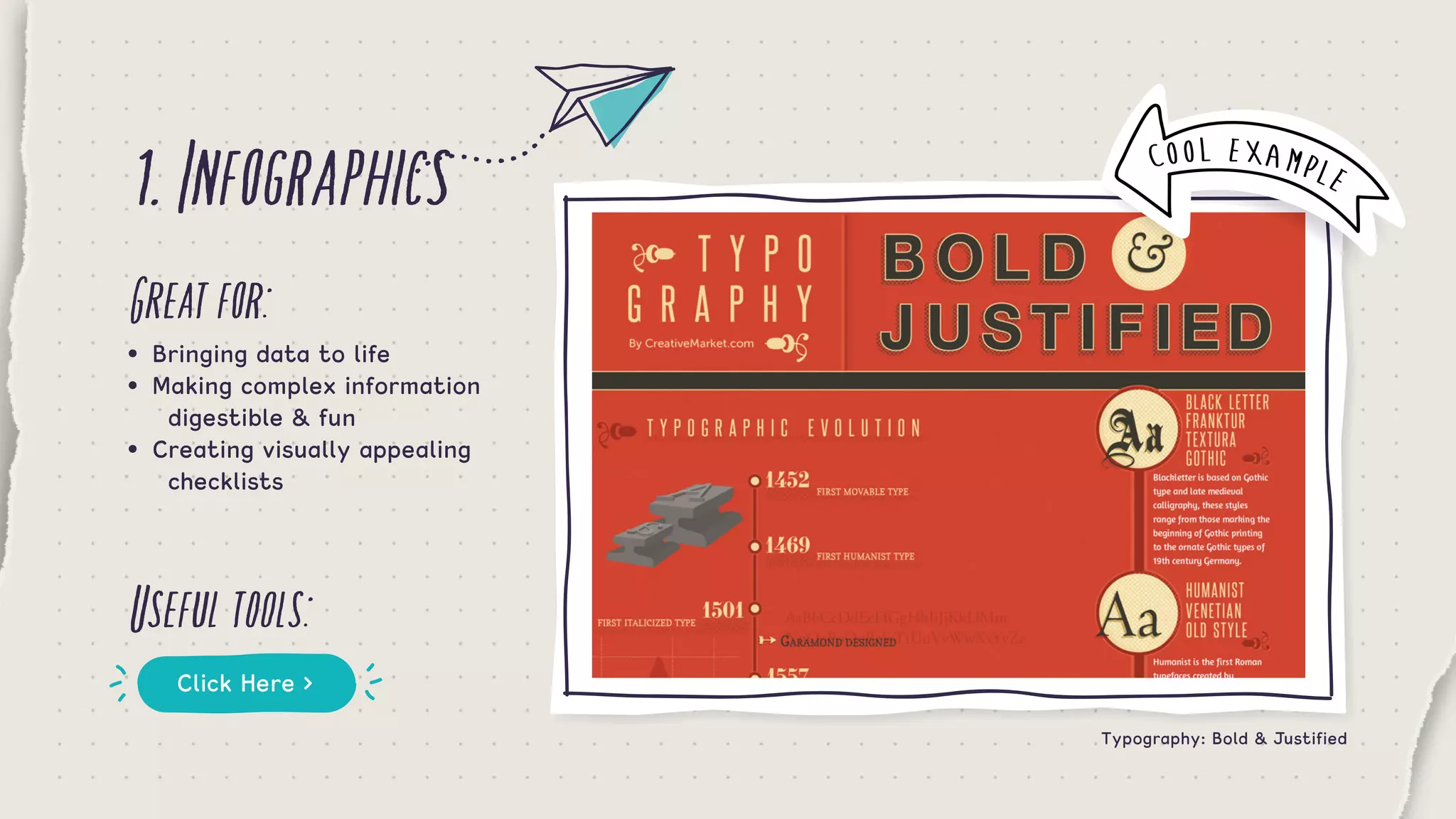 1.Infographics
Greatfor:
Usefultools:
•	 Bringing data to life
•	 Making complex information 	
	 	 digestible & fun
•	 Creating visually appealing 	
	 	 checklists
Click Here >
Typography: Bold & Justified
COOL EXAMPLE
 