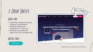 7.CheatSheets
Greatfor:
Usefultools:
•	 Explaining complex processes, 	
	 concepts, and patterns
•	 Slicing and dicing old...