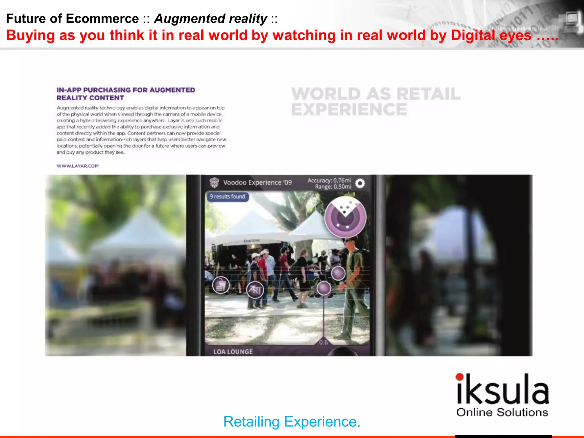 Future of Ecommerce :: Augmented reality ::
Buying as you think it in real world by watching in real world by Digital eyes …..
Retailing Experience.
 