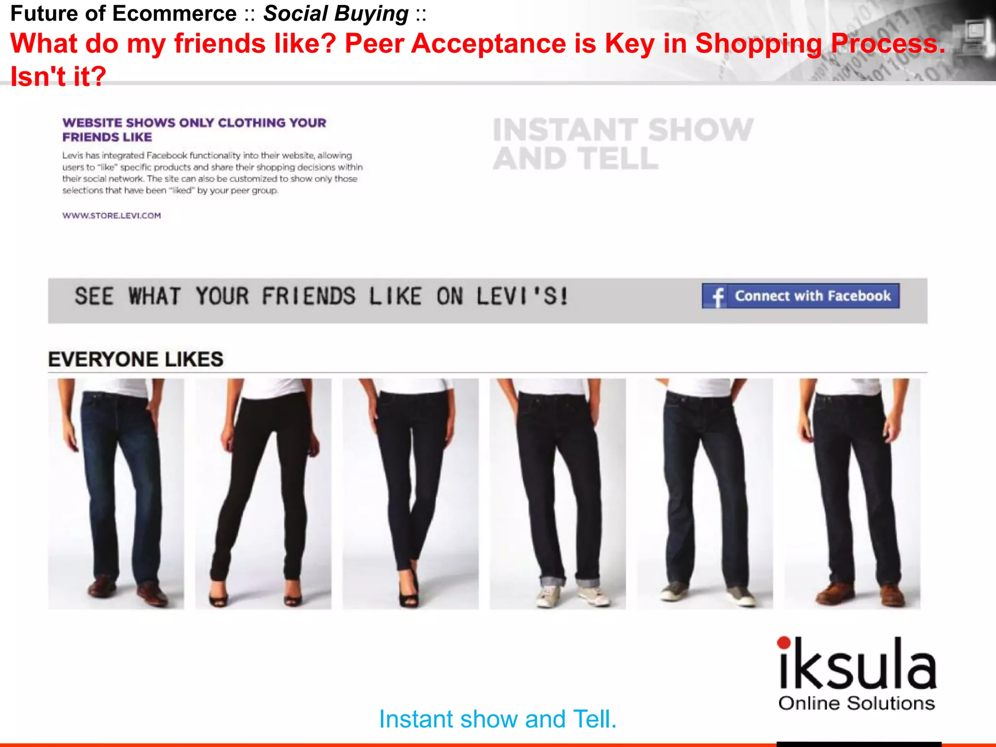 Future of Ecommerce :: Social Buying ::
What do my friends like? Peer Acceptance is Key in Shopping Process.
Isn't it?
Instant show and Tell.
 
