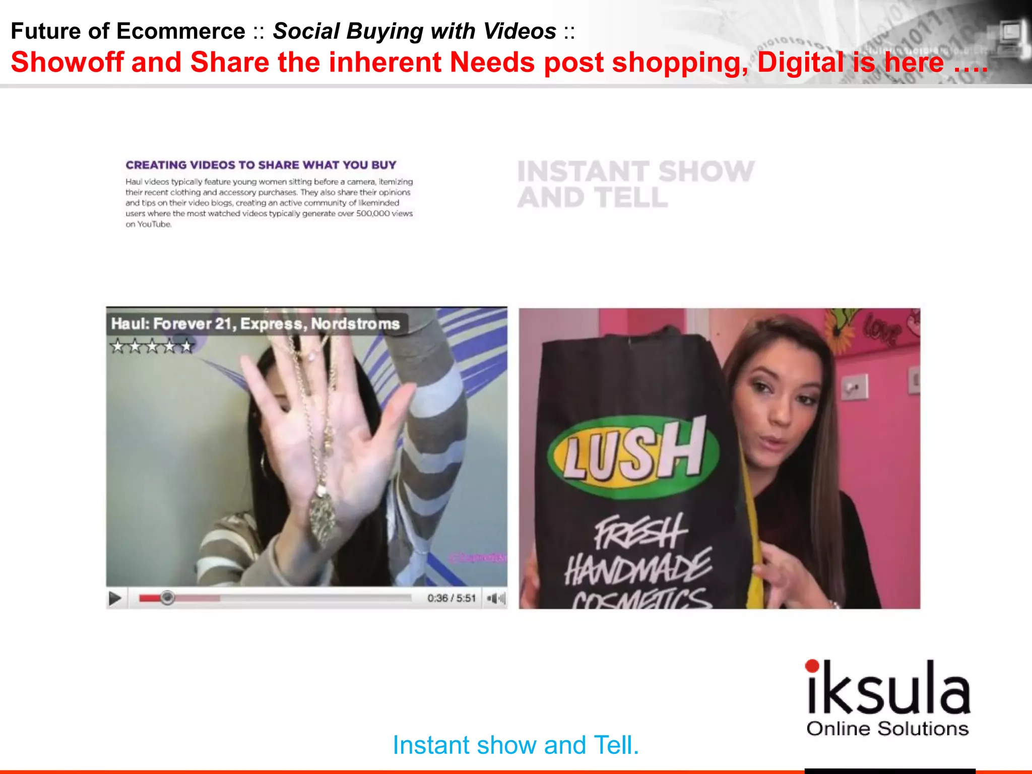 Future of Ecommerce :: Social Buying with Videos ::
Showoff and Share the inherent Needs post shopping, Digital is here ….
Instant show and Tell.
 
