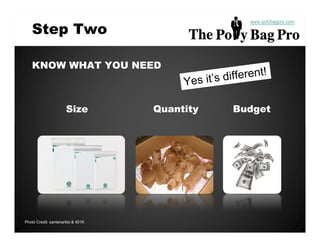 www.polybagpro.com
    Step Two

    KNOW WHAT YOU NEED



                      Size          Quantity   Budget




Photo Credit: santanartist & 401K
 