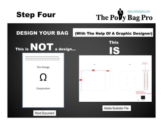 www.polybagpro.com
Step Four

DESIGN YOUR BAG                   (With The Help Of A Graphic Designer)

                                                   This
This is   NOT             a design…
                                                   IS




                                               Adobe Illustrator File
          Word Document
 