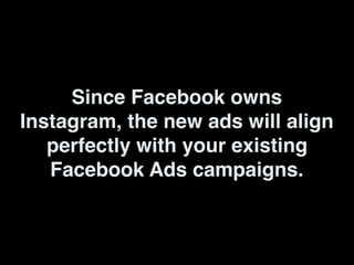 Since Facebook owns
Instagram, the new ads will align
perfectly with your existing
Facebook Ads campaigns.
 