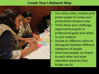 Create Your I-Network Map
• Use sticky notes, markers and
poster paper to create your
professional network map.
• Think about your challenge,
organizational goals or
professional goals and relate
to your analysis
• Decide on different colors to
distinguish between different
categories of people
• Show how people are linked
to each other and what
extended networks they
bridge you to
 