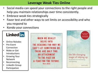 Leverage Weak Ties Online
• Social media can speed your connections to the right people and
help you maintain relationships over time consistently.
• Embrace weak ties strategically
• Favor test and other ways to set limits on accessibility and who
you respond to
• Kondo your connections
• Online Rolodex
• Pre-Event
Connection
• Make or Get
Introductions
• Growing Your
Network
• Reconnecting
• LinkedIn Group
Participation
 