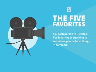 THE FIVE
FAVORITES
Ask each person to list their  
five favorites of anything to  
see where people have things  
in common.
 