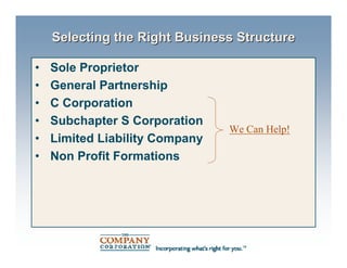 Selecting the Right Business Structure

•   Sole Proprietor
•   General Partnership
•   C Corporation
•   Subchapter S Corporation
                                We Can Help!
•   Limited Liability Company
•   Non Profit Formations
 