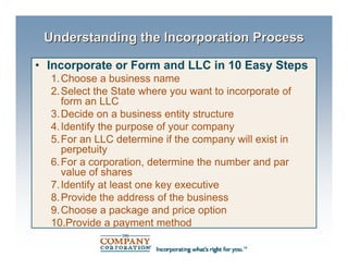 Understanding the Incorporation Process

• Incorporate or Form and LLC in 10 Easy Steps
  1. Choose a business name
  2. Select the State where you want to incorporate of
     form an LLC
  3. Decide on a business entity structure
  4. Identify the purpose of your company
  5. For an LLC determine if the company will exist in
     perpetuity
  6. For a corporation, determine the number and par
     value of shares
  7. Identify at least one key executive
  8. Provide the address of the business
  9. Choose a package and price option
  10.Provide a payment method
 