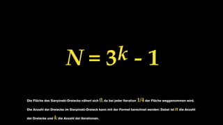 Die Fläche des Sierpinski-Dreiecks nähert sich 0, da bei jeder Iteration 1/4 der Fläche weggenommen wird.
Die Anzahl der Dreiecke im Sierpinski-Dreieck kann mit der Formel berechnet werden: Dabei ist n die Anzahl
der Dreiecke und k die Anzahl der Iterationen.
N = 3k - 1
 