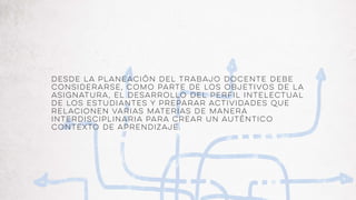 Desde la planeación del trabajo docente debe
considerarse, como parte de los objetivos de la
asignatura, el desarrollo del perfil intelectual
de los estudiantes y preparar actividades que
relacionen varias materias de manera
interdisciplinaria para crear un auténtico
contexto de aprendizaje.
 