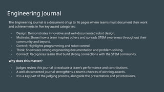 Engineering Journal
The Engineering Journal is a document of up to 16 pages where teams must document their work
and achievements in five key award categories:
- Design: Demonstrates innovative and well-documented robot design.
- Motivate: Shows how a team inspires others and spreads STEM awareness throughout their
community and beyond.
- Control: Highlights programming and robot control.
- Think: Showcases strong engineering documentation and problem-solving.
- Connect: Recognizes teams that build strong connections with the STEM community.
Why does this matter?
- Judges review this journal to evaluate a team's performance and contributions.
- A well-documented journal strengthens a team's chances of winning awards.
- It is a key part of the judging process, alongside the presentation and pit interviews.
 