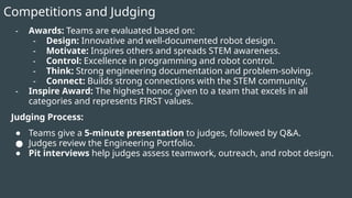 Competitions and Judging
- Awards: Teams are evaluated based on:
- Design: Innovative and well-documented robot design.
- Motivate: Inspires others and spreads STEM awareness.
- Control: Excellence in programming and robot control.
- Think: Strong engineering documentation and problem-solving.
- Connect: Builds strong connections with the STEM community.
- Inspire Award: The highest honor, given to a team that excels in all
categories and represents FIRST values.
Judging Process:
● Teams give a 5-minute presentation to judges, followed by Q&A.
● Judges review the Engineering Portfolio.
● Pit interviews help judges assess teamwork, outreach, and robot design.
 