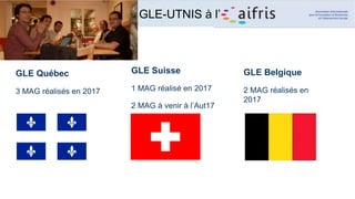 GLE Québec
3 MAG réalisés en 2017
GLE Suisse
1 MAG réalisé en 2017
2 MAG à venir à l’Aut17
GLE-UTNIS à l’
GLE Belgique
2 MAG réalisés en
2017
 