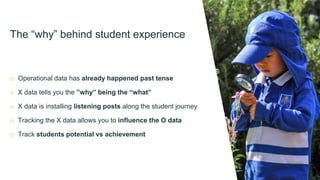 The “why” behind student experience
o Operational data has already happened past tense
o X data tells you the ”why” being the “what”
o X data is installing listening posts along the student journey
o Tracking the X data allows you to influence the O data
o Track students potential vs achievement
 