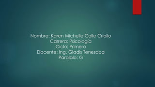 Nombre: Karen Michelle Calle Criollo
Carrera: Psicología
Ciclo: Primero
Docente: Ing. Gladis Tenesaca
Paralalo: G
 