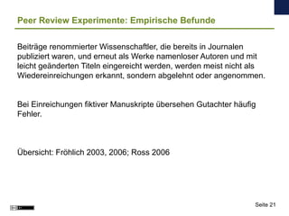 Peer Review Experimente: Empirische Befunde
Beiträge renommierter Wissenschaftler, die bereits in Journalen
publiziert war...