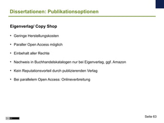 Dissertationen: Publikationsoptionen
Eigenverlag/ Copy Shop
●
Geringe Herstellungskosten
●
Paraller Open Access möglich
●
...