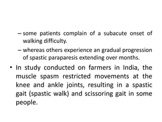 – some patients complain of a subacute onset of
walking difficulty.
– whereas others experience an gradual progression
of spastic paraparesis extending over months.
• In study conducted on farmers in India, the
muscle spasm restricted movements at the
knee and ankle joints, resulting in a spastic
gait (spastic walk) and scissoring gait in some
people.
 