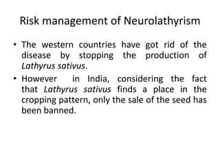 Risk management of Neurolathyrism
• The western countries have got rid of the
disease by stopping the production of
Lathyrus sativus.
• However in India, considering the fact
that Lathyrus sativus finds a place in the
cropping pattern, only the sale of the seed has
been banned.
 