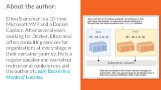 About the author:
Elton Stoneman is a 10-time
Microsoft MVP and a Docker
Captain. After several years
working for Docker, Elton now
offers consulting services for
organizations at every stage in
their container journey. He is a
regular speaker and workshop
instructor at conferences and
the author of Learn Docker in a
Month of Lunches.
 