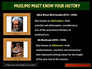 Admiral
Alchemy,(chemistry)
Alkali
Apricot
Arsenal
Azimuth
carat
(gold purity, mass)
caravan
Amir – al - bahr
al - galiy
al - kimiyya
al-barqūq
dār sinā aʿ ,
al-sumūt | as-sumūt
qīrāt
All Rights Reserved© Zhulkeflee Hj Ismail (2015)
qaīrawān
‫قيروان‬
‫أميرالبحر‬
‫ الكيمياء‬
‫ القلي‬
‫البرقوق‬
‫دارصناعة‬
‫ السموت‬
‫قيراط‬
All Rights Reserved© Zhulkeflee Hj Ismail (2015)
EXAMPLES
 